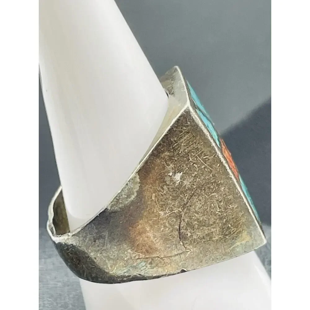 Crushed Turquoise and Coral Inlay Sterling Silver Ring Size 9.5 Native American